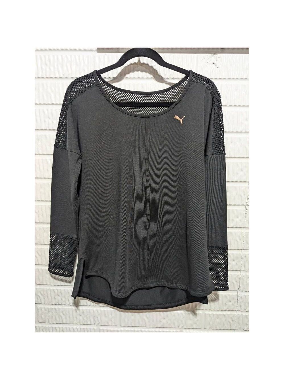 Puma Women's Black Polyester Long-Sleeve Mesh Trimmed Activewear Top Size M